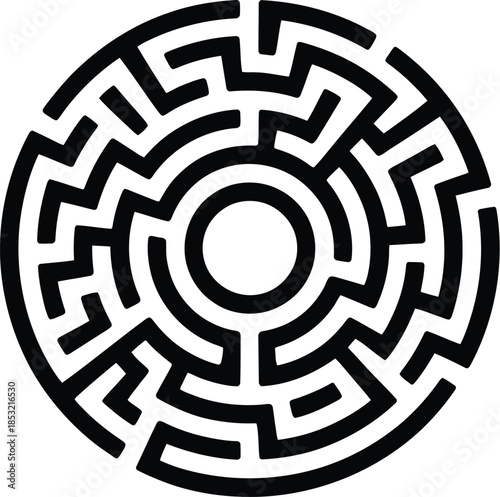 Circular maze design with intricate black paths