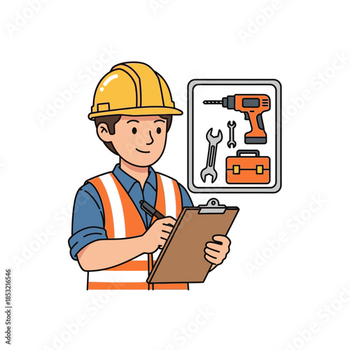 Construction Worker Holding Clipboard with Tools.