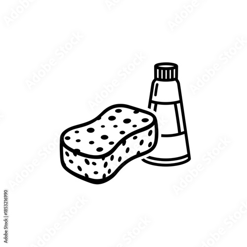 Sponge and acrylic paint tube in minimal black and white illustration  
