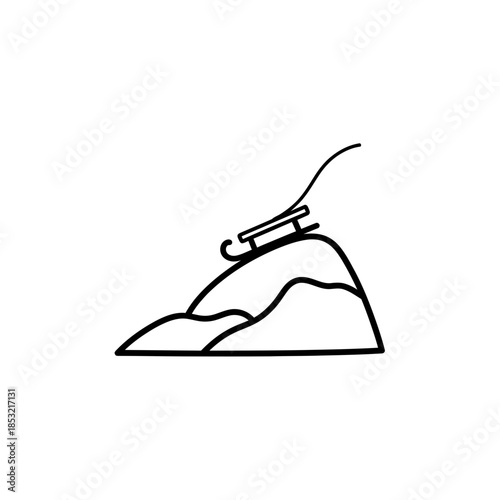 Sled resting on snowy hilltop with gentle slope and snowdrifts  