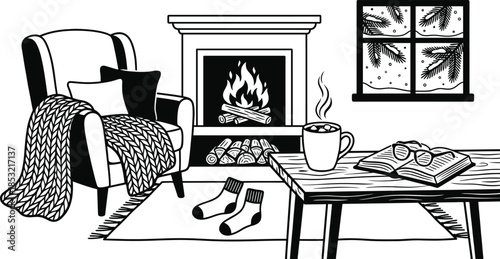 Hygge cozy winter scene with warm home elements