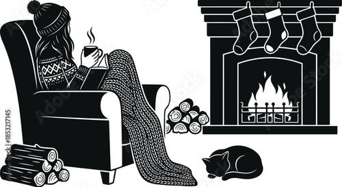 Hygge cozy winter scene with warm home elements