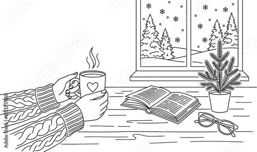 Coffee scene in a cozy winter morning vector.