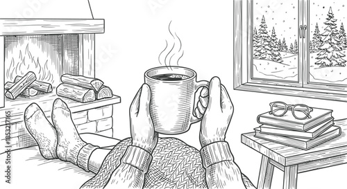 Coffee scene in a cozy winter morning vector.