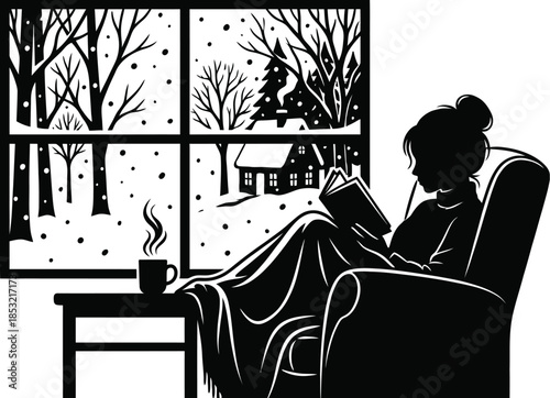 Cozy Winter Reading by Window Vector Illustration