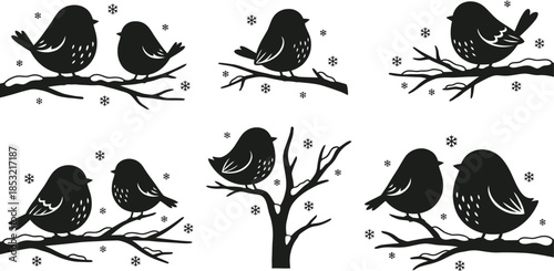 Cute Birds on Snowy Branches Vector Illustration Set