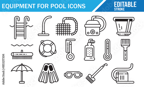 Complete Set of Pool Gear and Service Outline Icons