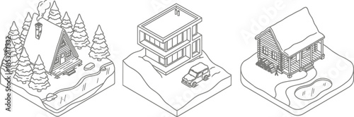 Isometric winter cabin in a serene snowy landscape