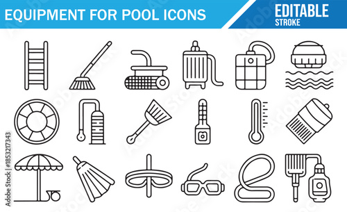 Swimming Pool Equipment and Maintenance Icon Set Vector Collection