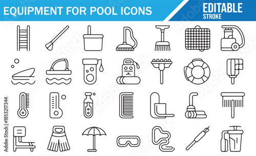 Swimming pool equipment and maintenance icon set, editable stroke outline vector illustrations for cleaning, safety, and recreation.