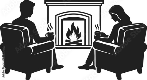 Hot cocoa drinkers enjoying cozy fireplace warmth