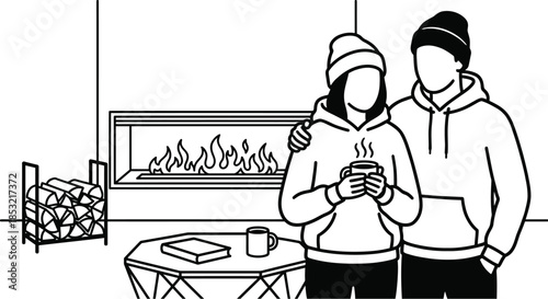 Hot cocoa drinkers enjoying cozy fireplace warmth