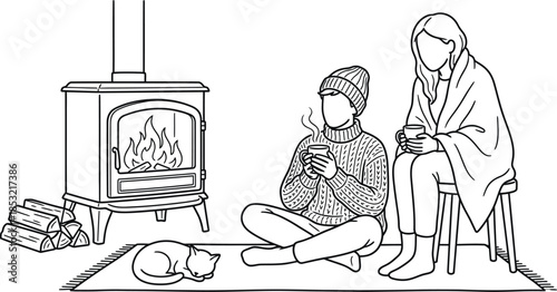 Hot cocoa drinkers enjoying cozy fireplace warmth