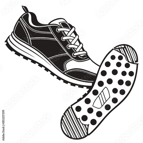 Title: A black and white athletic shoe with a textured sole and decorative stitching on the upper