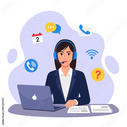 Woman Wearing Headset Working on Laptop.