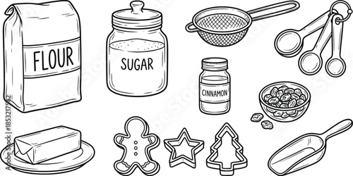 Winter Holiday Baking Ingredients Vector Set