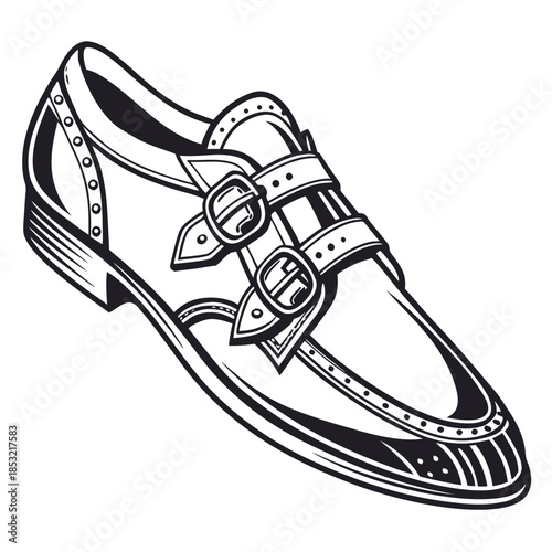 Title: A black and white of a sneaker with a thick sole and decorative and buckles