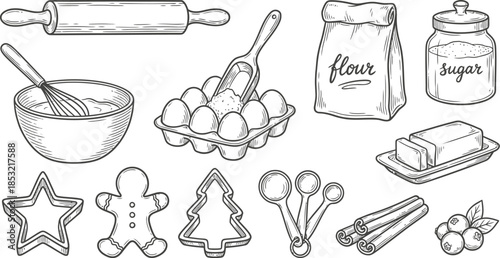 Winter Holiday Baking Ingredients Vector Set