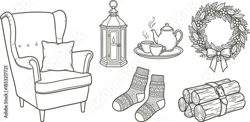 Winter Home Decor Elements Vector Set Illustration