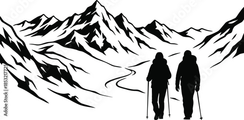 Winter Mountain Landscape with Hikers Vector Art