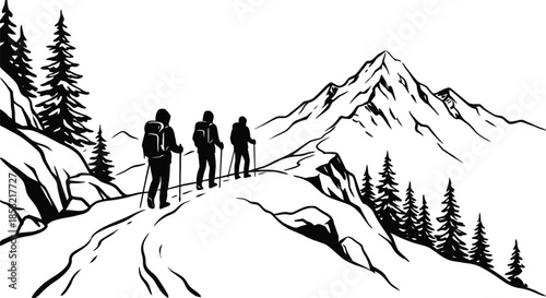 Winter Mountain Landscape with Hikers Vector Art