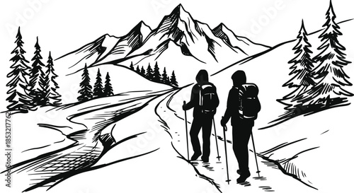 Winter Mountain Landscape with Hikers Vector Art
