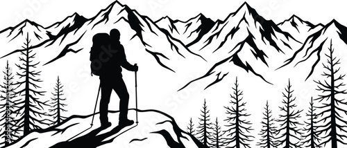 Winter Mountain Landscape with Hikers Vector Art
