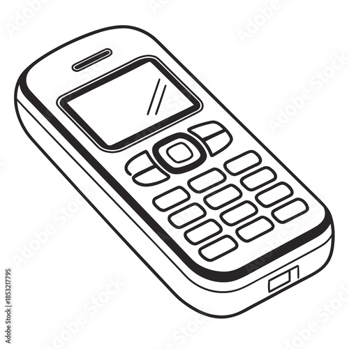 Title: A black and white line of an old-fashioned mobile phone with a numeric keypad and screen