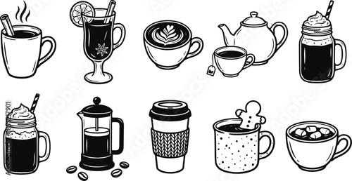 Winter Warm Drinks Menu Icons Vector Set