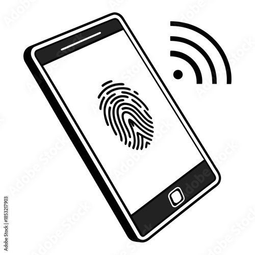 Title: A smartphone with a fingerprint on the screen and a Wi-Fi symbol above it
