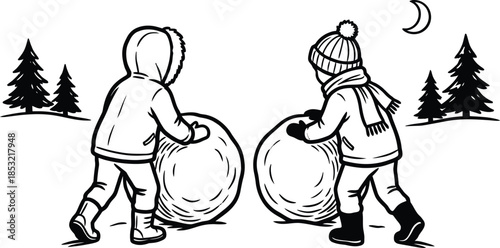 Children happily building a snowman in snowy park