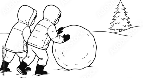 Children happily building a snowman in snowy park