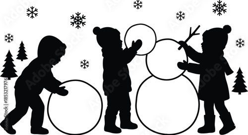 Children happily building a snowman in snowy park