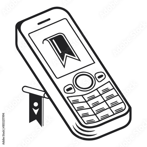 Title: Vintage mobile phone with antenna and numeric keypad in minimalist line style