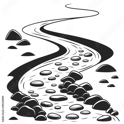 Title: A black and white of a rocky stream with water droplets and pebbles small