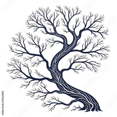 Title: A detailed of a bare tree with intricate branches in a black and white minimalist style