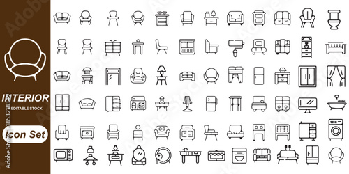 Interior Furniture and Home Appliance Minimalist Line Art Icon Set Vector