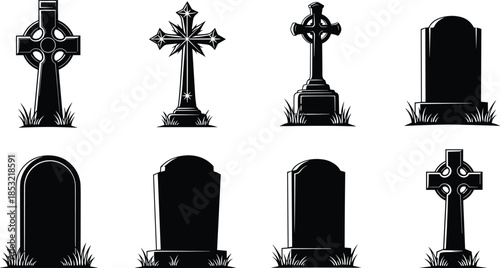 Gravestone silhouette collection, tombstone icons, cemetery symbols, black vector, cross headstones, memorial design, funeral theme, burial markers