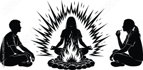 Mystical campfire silhouette, meditation pose, spiritual energy, storytelling scene, black vector, ritual gathering, aura beams, night illustration