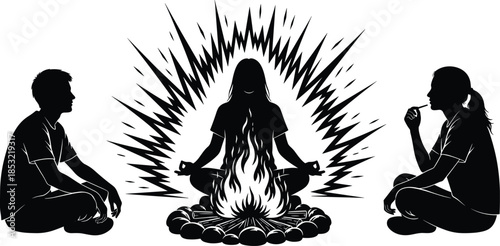 Mystical campfire silhouette, meditation pose, spiritual energy, storytelling scene, black vector, ritual gathering, aura lines, night illustration