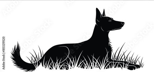 German Shepherd Dog Lying Down in Grass Vector Silhouette, Isolated Black Graphic of a Loyal Canine Pet Relaxing Outdoors, Promoting Dog Ownership and Pet Care Concepts.