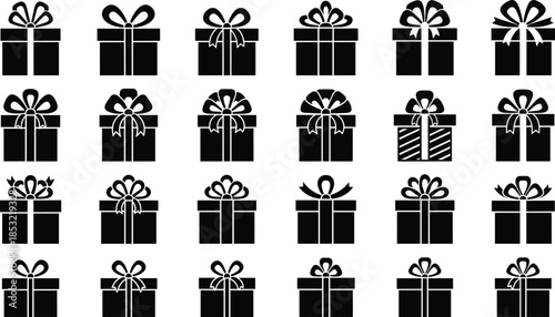  Gift box silhouette vector set, present icons with bows and ribbons collection, holiday surprise symbols, birthday celebration elements, isolated black reward icons