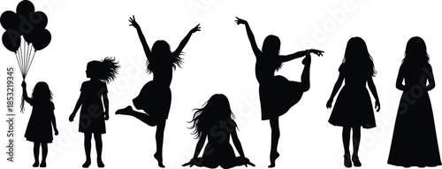 Girl growth silhouette collection, childhood to adulthood stages with playful and graceful poses, female development and life journey concept, black vector illustration