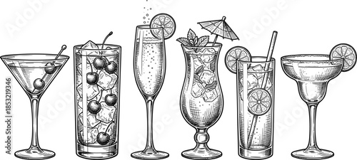 Cocktail glass line art illustration set featuring martini, mojito, champagne, margarita, and mixed drinks, vintage hand drawn bar beverage collection isolated on white background