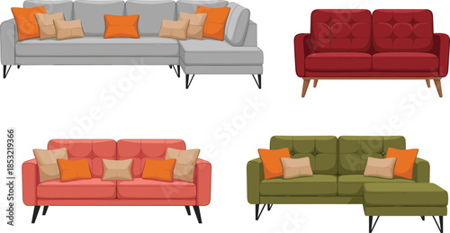 Modern sofa collection illustration featuring colorful couches with cushions, contemporary living room furniture designs, comfortable seating options isolated on white background