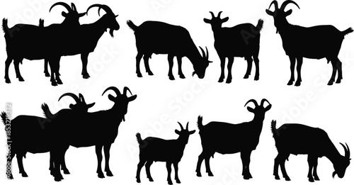 Goat silhouette vector collection, various poses including standing, feeding, and with large horns, isolated domestic farm and wild animal icons, simple livestock graphics.