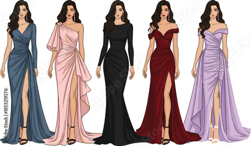 Elegant evening gown fashion illustration featuring five stylish women in formal dresses with high slits, showcasing diverse colors, silhouettes, and design aesthetics.