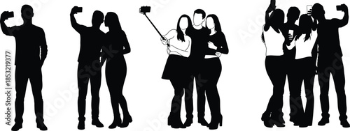 Group of young people silhouettes taking selfies together, friends posing for smartphone photos, social media lifestyle concept, isolated black figures on white background