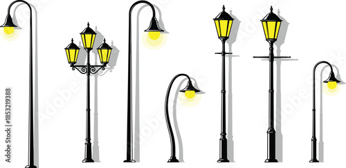 Street lamp illustration set featuring vintage and modern outdoor lighting poles with glowing bulbs, decorative city streetlights for urban design isolated on white background