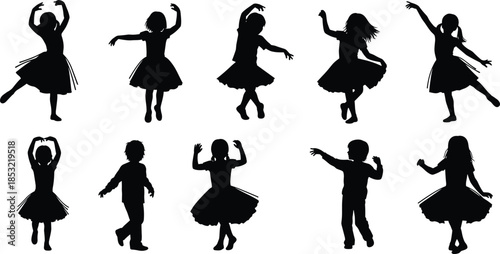 Graceful children dancing silhouettes in various ballet and movement poses, showcasing expressive choreography, artistic motion, playful energy, elegant performance styles, vector illustration design